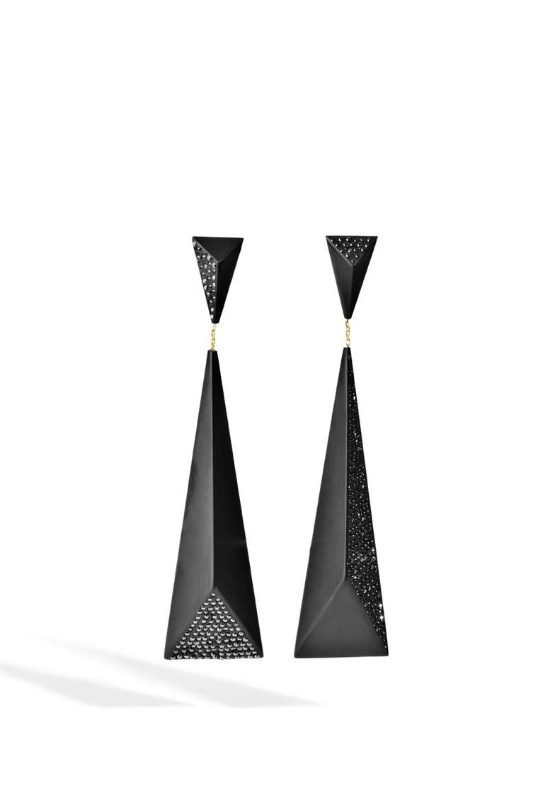 Jacqueline Cullen faceted earrings in Whitby Jet set with black diamonds.